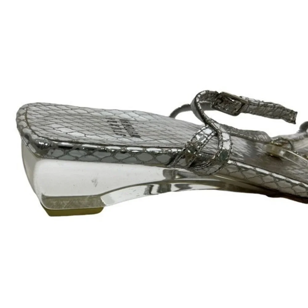 Stuart Weitzman Sandals Women 7.5 Silver Snakeskin Clear Heel Rhinestone Evening